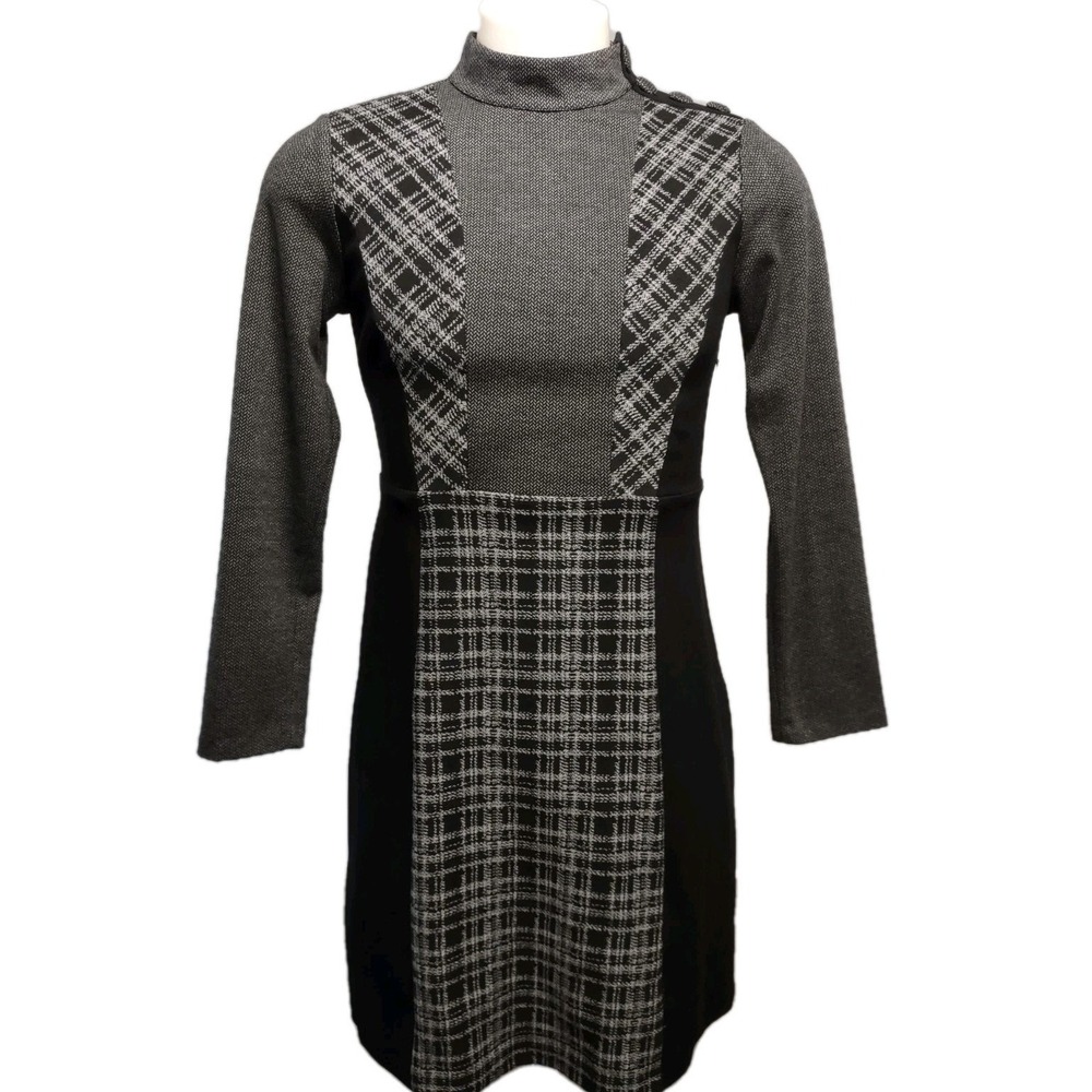 Vince Camuto Sheath Dress 8 Womens Plaid Herringbone‎ Grey Black Mod Edgy Chic